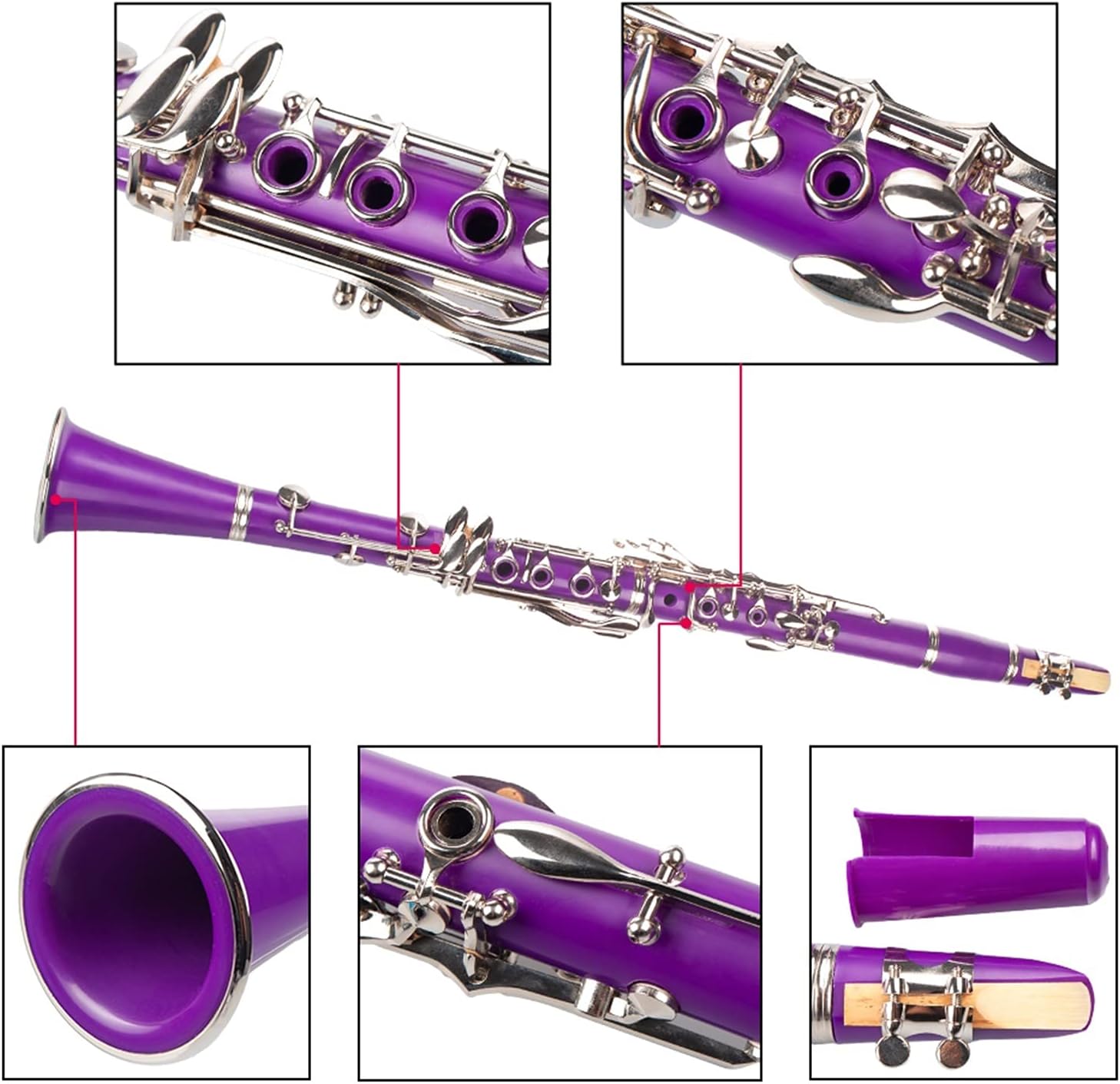 Purple ABS Clarinet Bb Cupronickel Plated Nickel 17 Key with Cleaning Cloth Gloves Screwdriver Woodwind Instrument Professional Clarinet