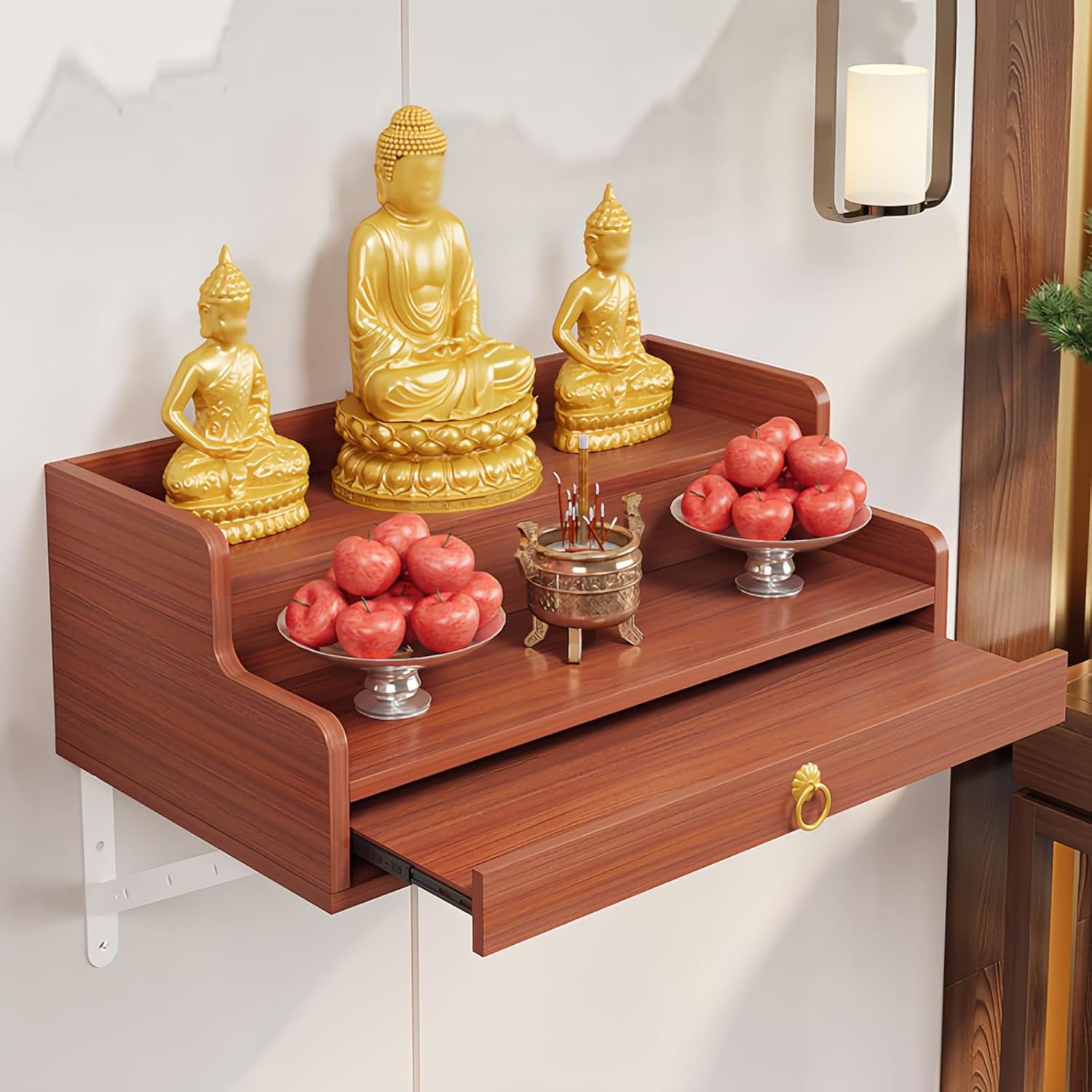 Space-Saving Stepped Buddha Altar Shelf Wall-Mounted/Countertop Sacred Shelf for Buddha Statues & Offerings Wall Cabinet Buddha Cabinet Niche with Drawer(Teak,11.8in)