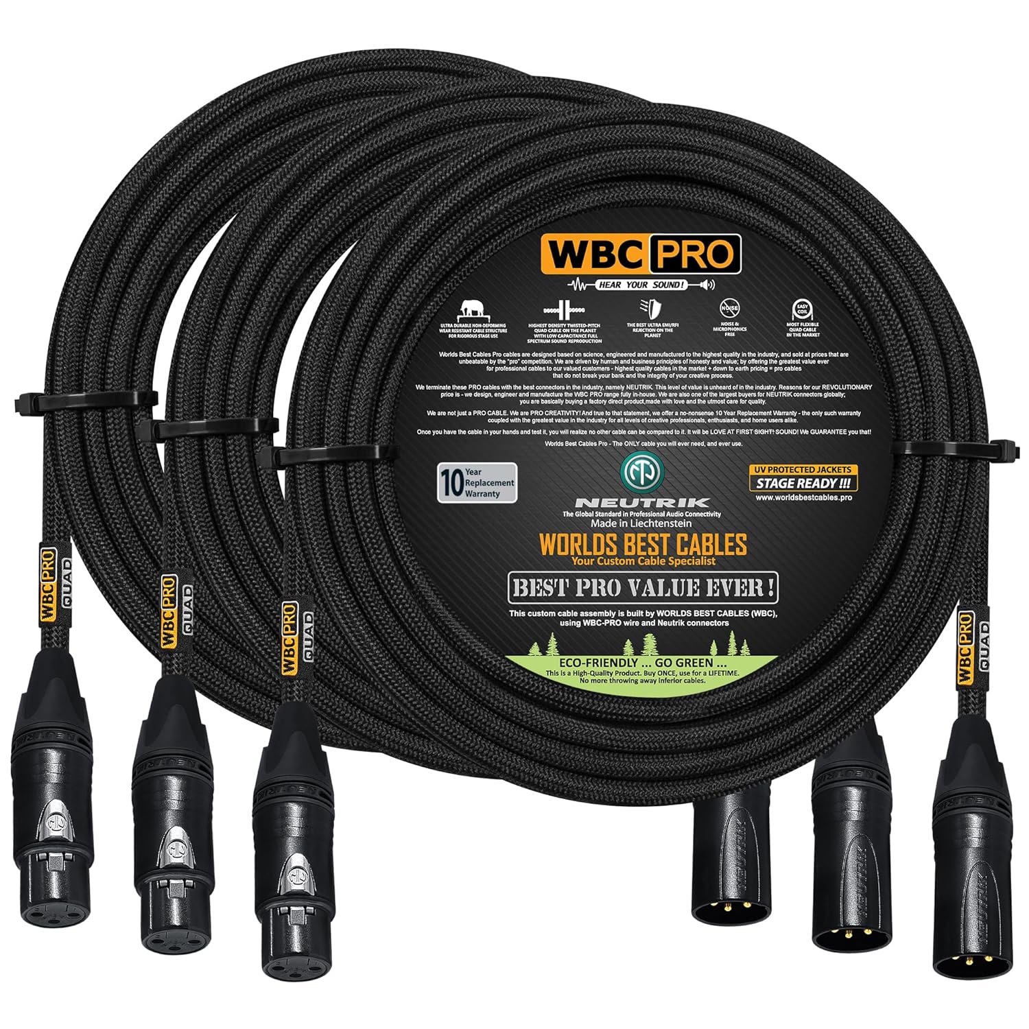 3 Units - 150 Foot - WBC-PRO-Quad Ultra-Silent Ultra-Flexible Balanced Star-Quad Cable with Neutrik Male & Female XLR Plugs & Black Tweed Jacket