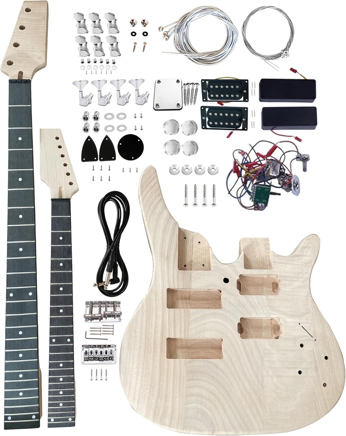 Electric Guitar and Bass Double Neck Kit 6 String and 4 String Guitar Kits Right Handed with Mahogany Body Mahogany Neck Rosewood Fingerboard Build Your Own Guitar and Bass.