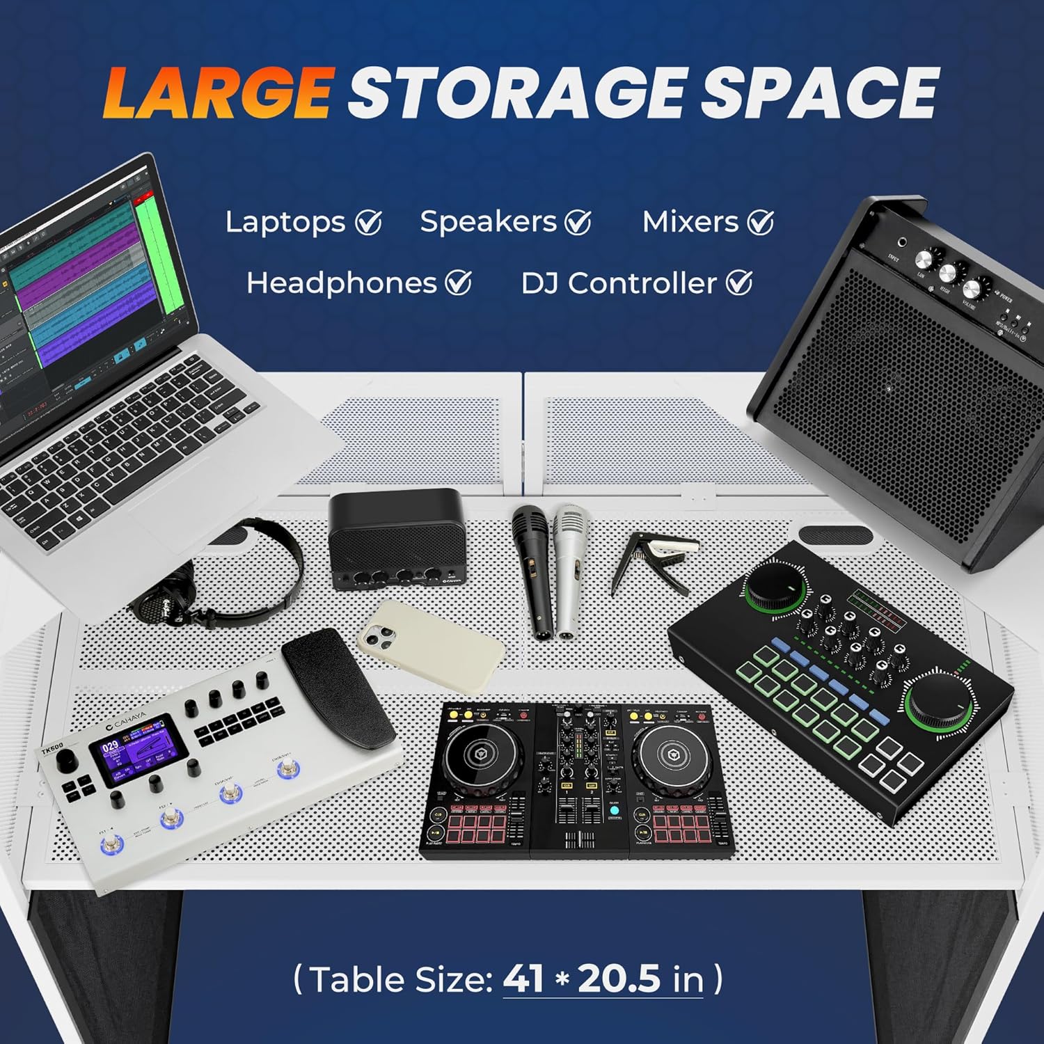 CAHAYA DJ Booth Stand Portable - DJ Table Facade with Black & White Scrims DJ Stand Foldable for Laptop & Controller Double Top Corners, Storage Bag, Cable Holes, 40