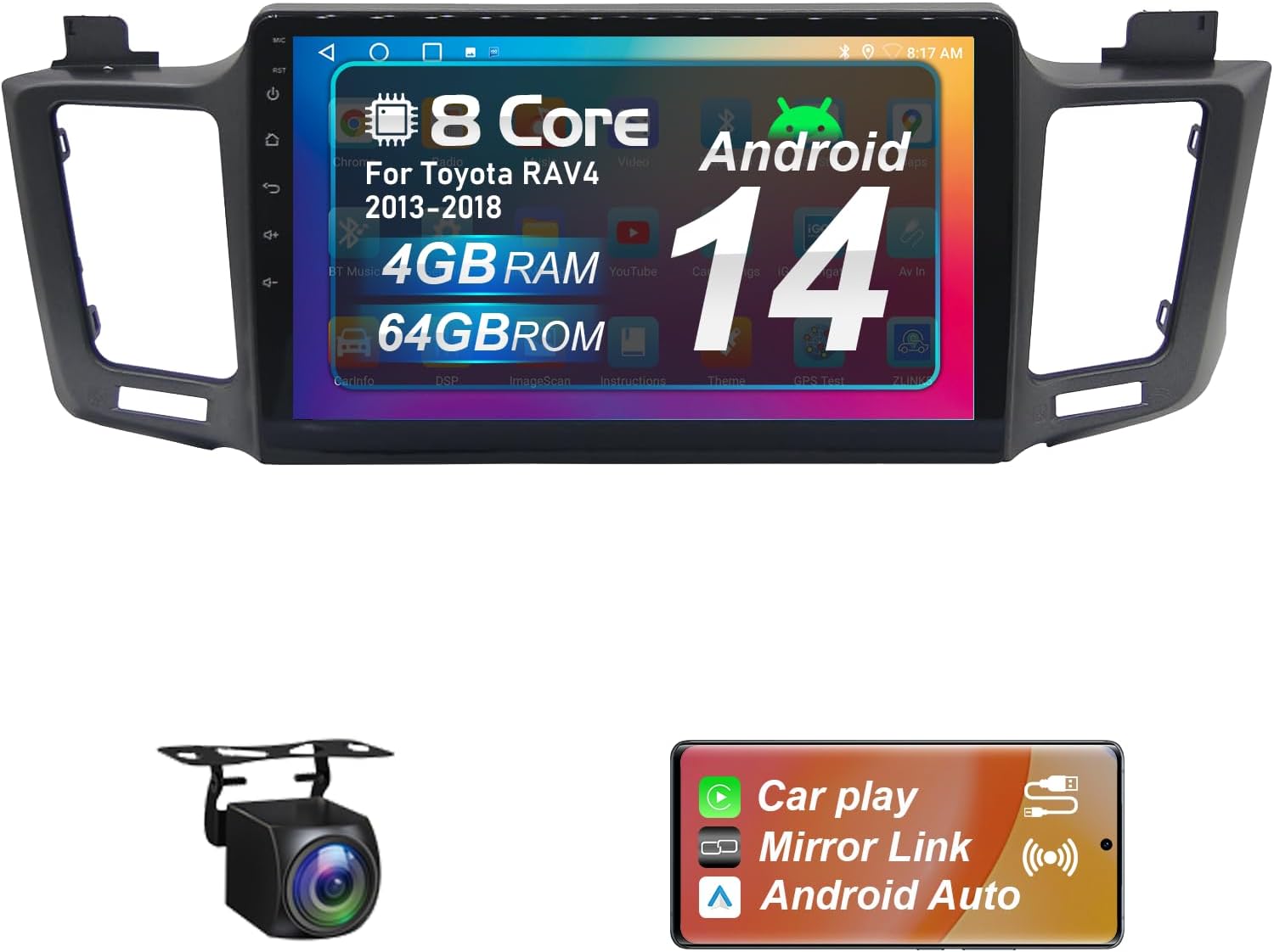 Upgraded Android 14 Car Radio for Toyota RAV4 2013-2018 4+64G with Wireless Carplay&Android Auto 10.1