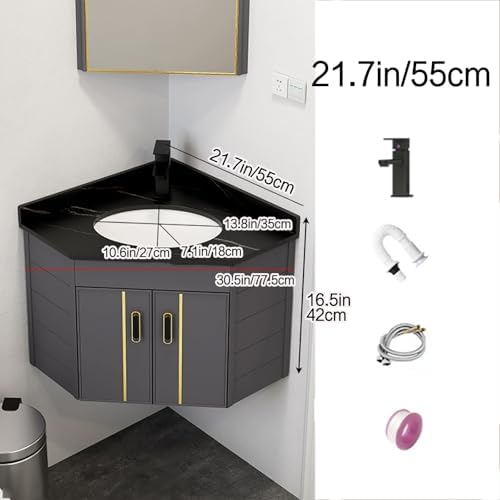 Modern Corner Wall Mount Bathroom Sink with Storage - Space-Saving Floating Vanity, Slim Design, Ideal Small Bathroom Cabinet for Efficient Space Utilization