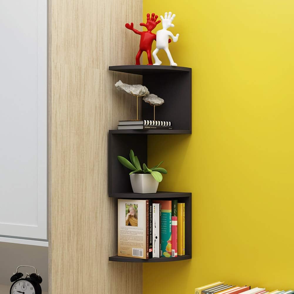 Corner Shelf 4 Tier, Wood Floating Wall Shelf Wall Mount Bookshelf Decorative Spice Rack for Kitchen Entryway Office-Black 28cm(11inch) (Black 28cm(11inch))