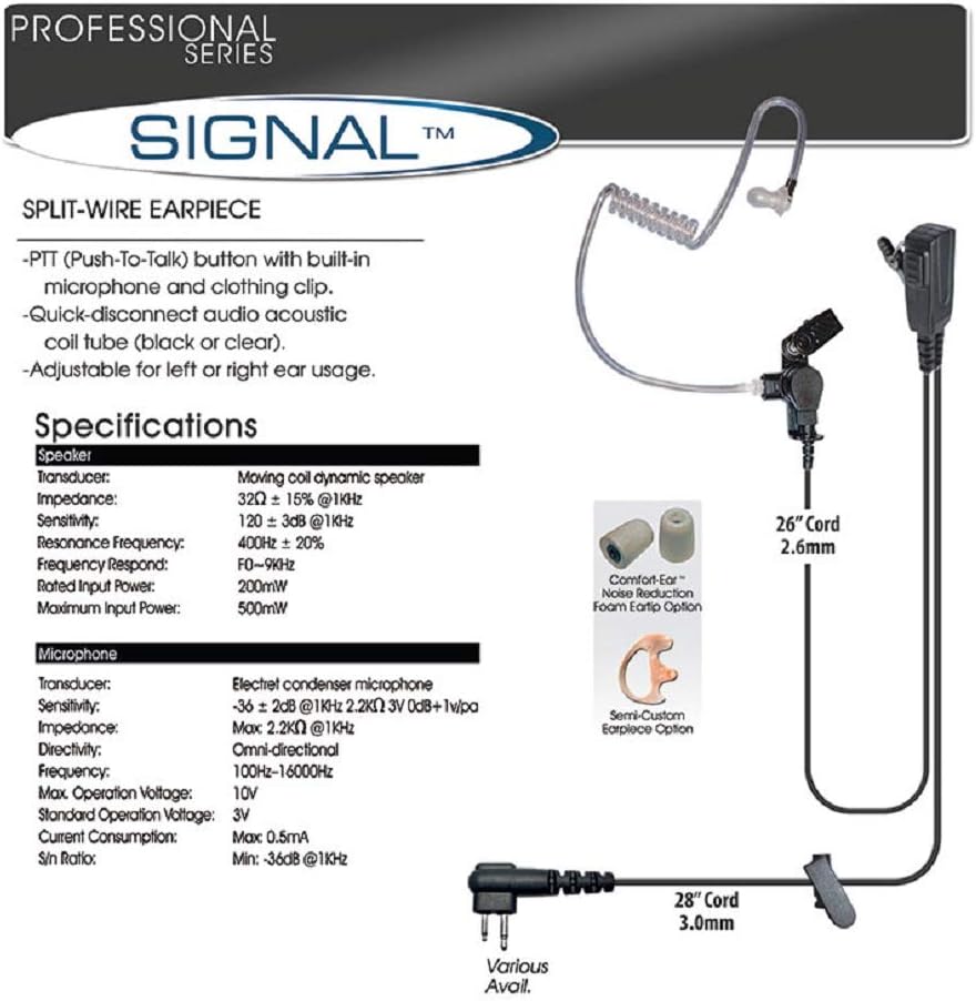 Klein Electronics Signal M7 Split-Wire Surveillance Earpiece Kit with Clear Quick-Disconnect Audio Tube for Motorola Radio Models (Works with M7 Connector pin)