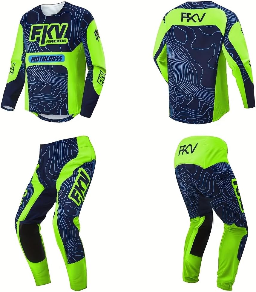 FKV Motocross Jersey and Pants Set, Green Long Sleeve Motorcycle Racing Suit, Dirt Bike MX Riding Gear Outfit