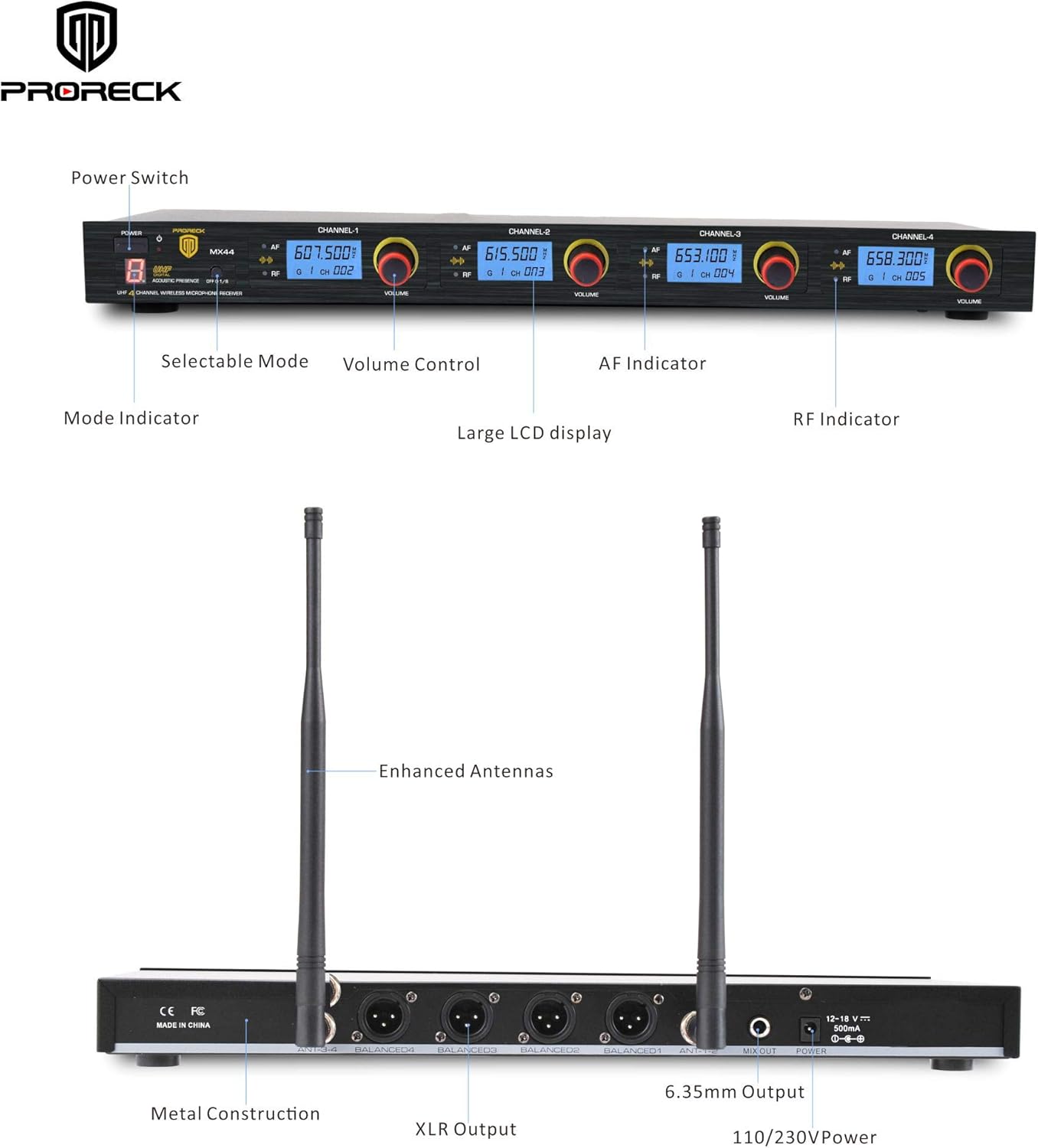 PRORECK MX44 4-Channel UHF Wireless Microphone System with 4 Hand-held Microphones Karaoke Machine for Party/Wedding/Church/Conference/Speech