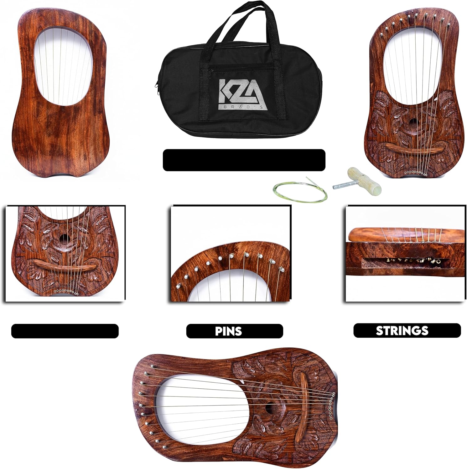 KZA Scottish Lyre Harp 10 Metal Strings Engraved Wood With Free Carrying Bag & Key Natural Finish,Rosewood hand made