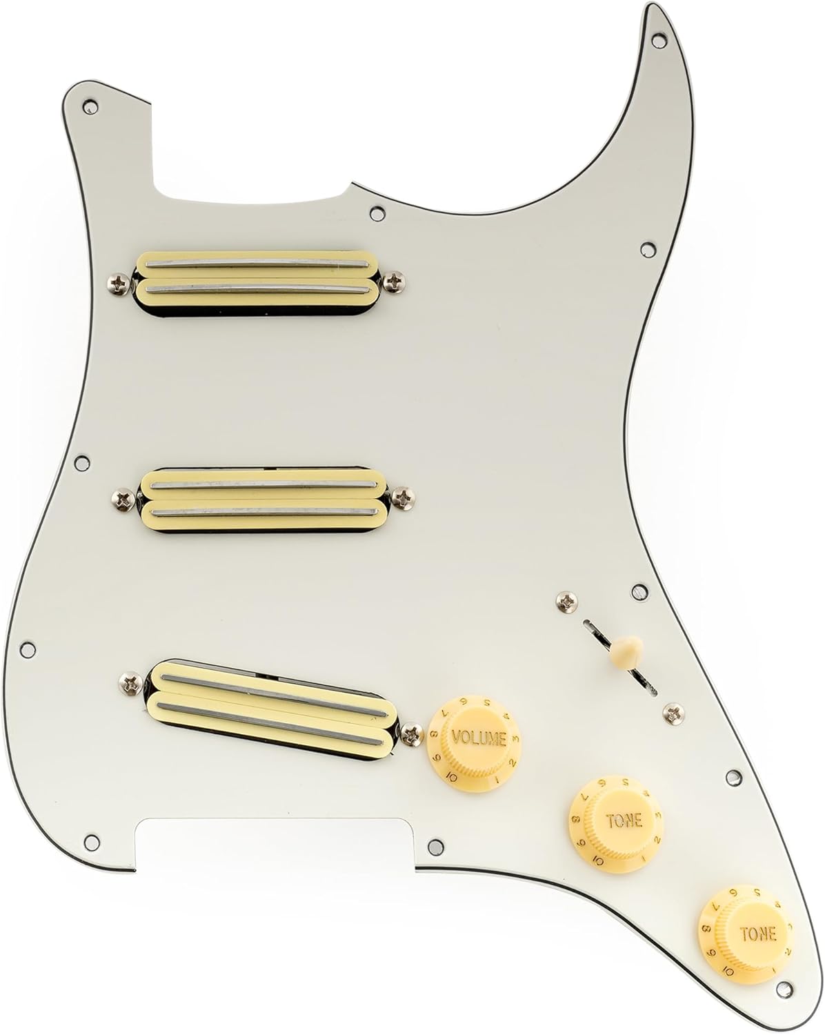 Musiclily Pro-SE ST-DPHA Pre-wired SSS Pickguard with Alnico 5 Mini Rail Humbucker for Strat Style Electric Guitar, 3Ply Aged White