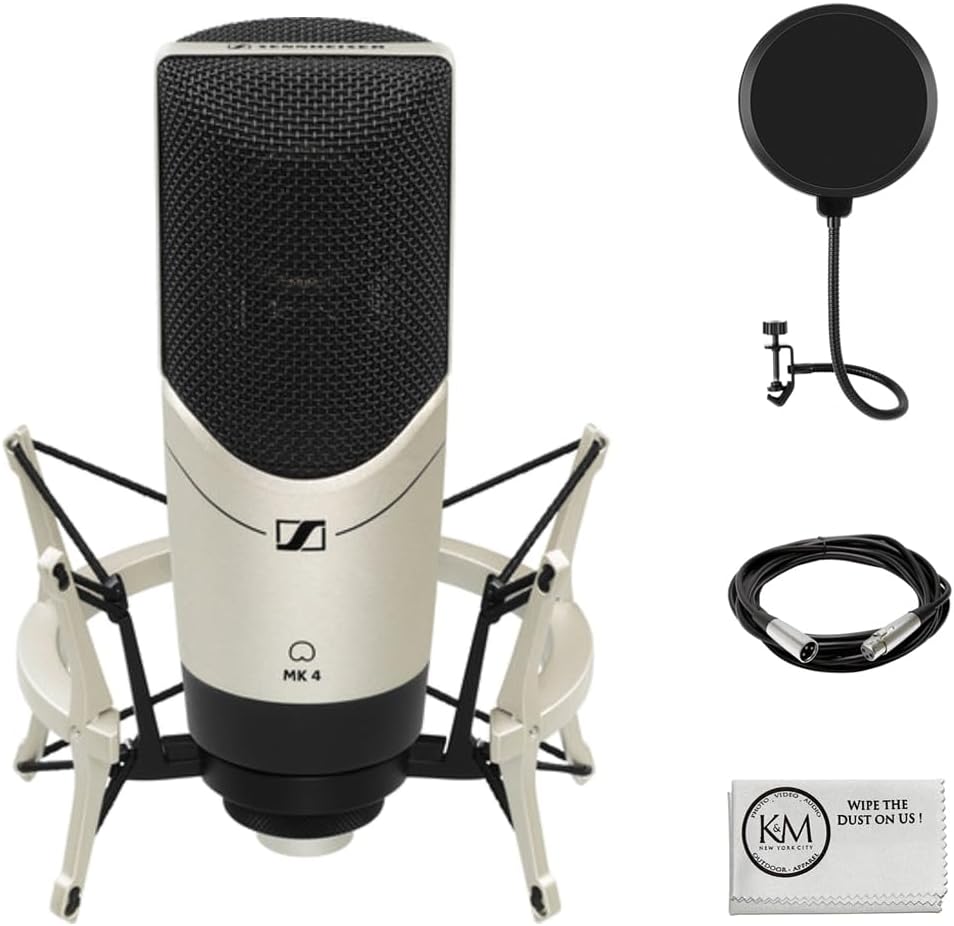 Sennheiser MK 4 Set Large-Diaphragm Cardioid Condenser Microphone with MKS4 Shockmount Bundle with XLR Cable + Pop Filter + Cleaning Cloth (5 Items)