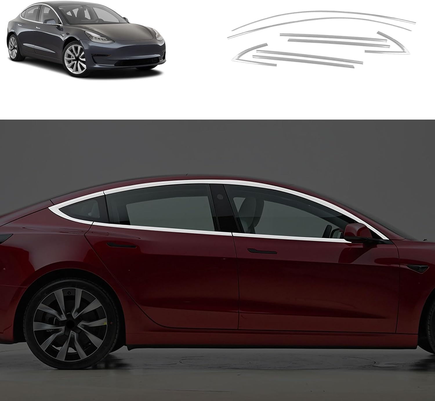 Windows Strip Frame Sill Molding Cover Trims Compatible with Tesla Model 3 2023 2022 2021-2019 Exterior Car Accessories Stainless Steel 8PCS(Silver)