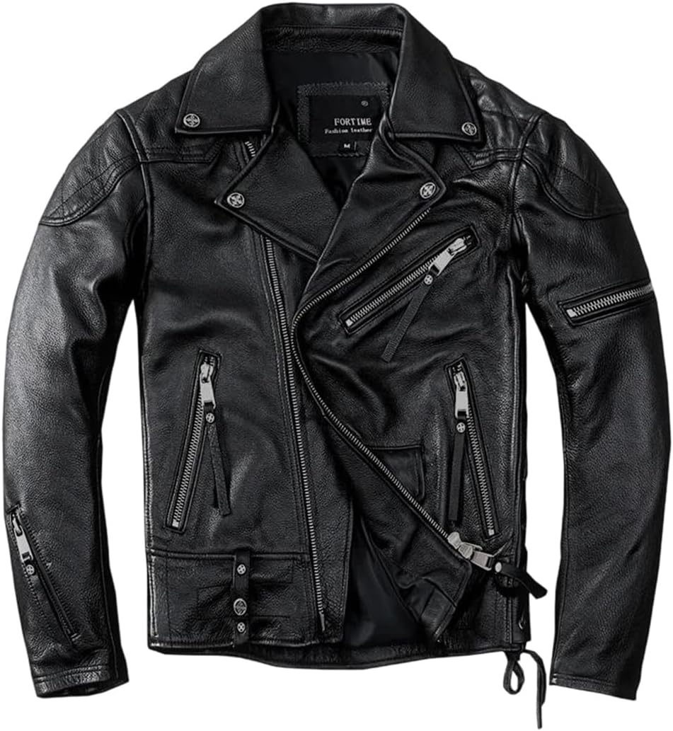 Men Sports Genuine Natural Thick Cowhide Diagonal Zipper Black Winter Leather Jacket Coat
