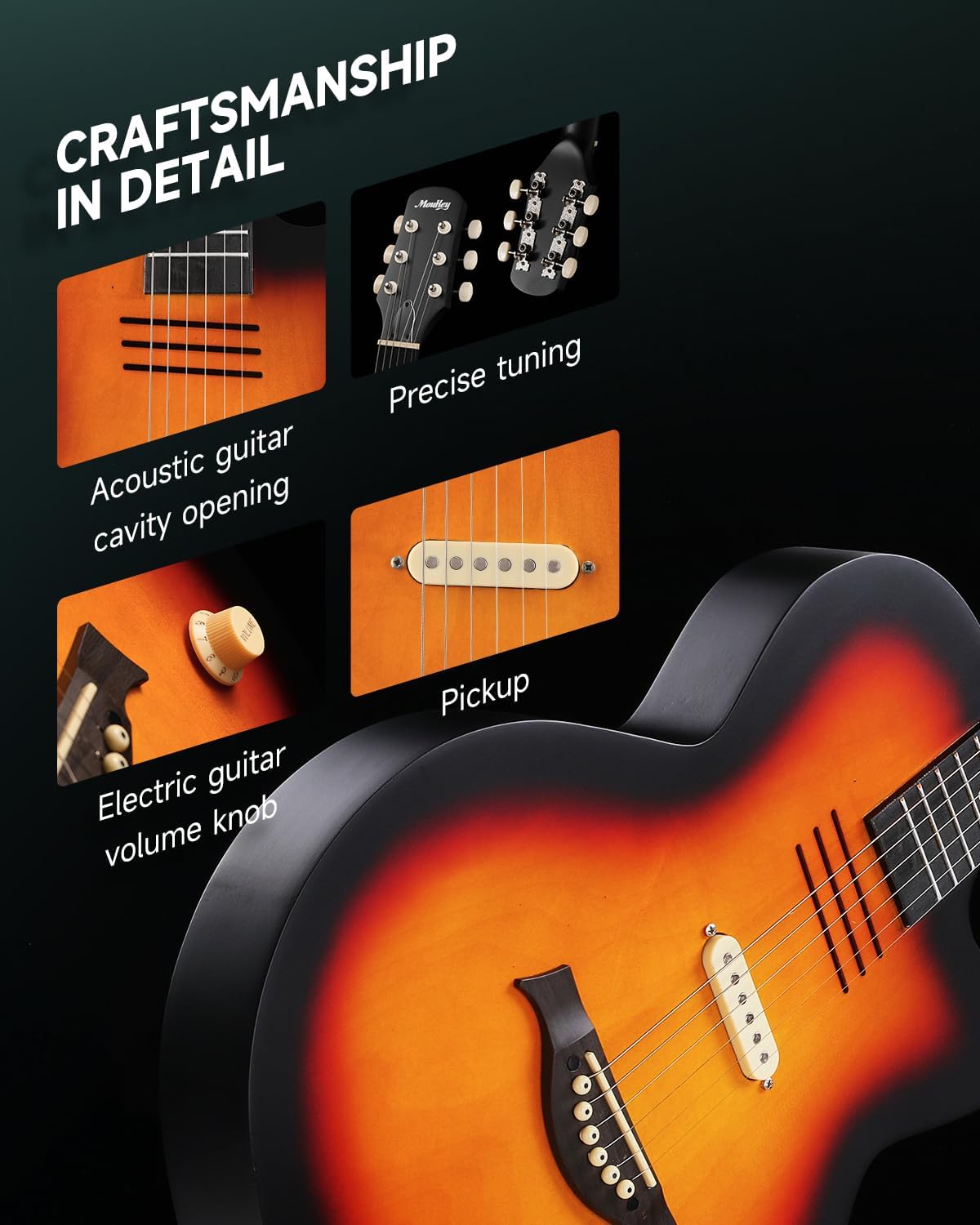 Moukey BCC-100 Acoustic Electric Guitar 39-Inch, Cutaway Guitar with Passive Pickup, Gig Bag, Strap, Picks, Tuner, and Capo, Dual Acoustic＆Electric Modes, Sunburst