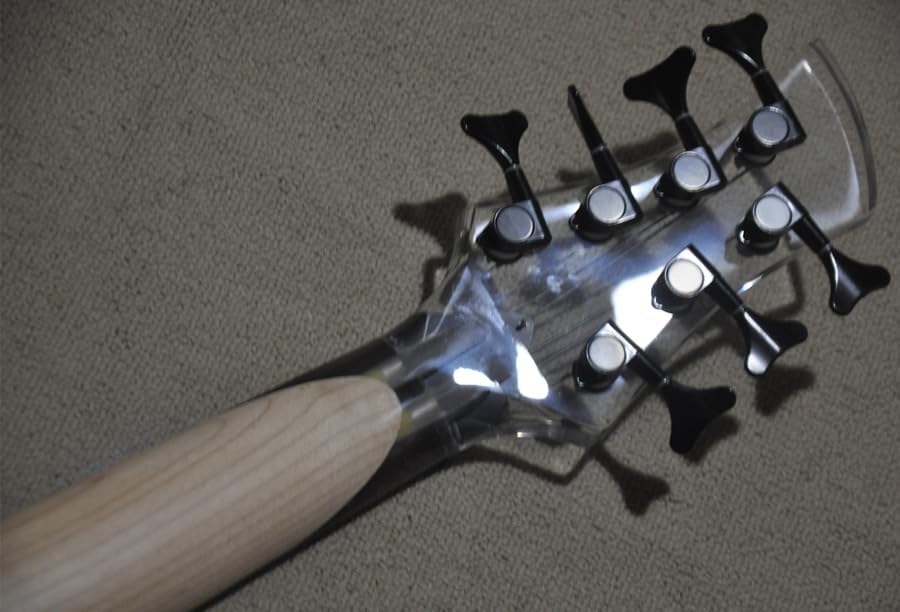 7-String Electric Bass Guitar with Blue LED Acrylic Body, Rosewood Fretboard, and Black Hardware