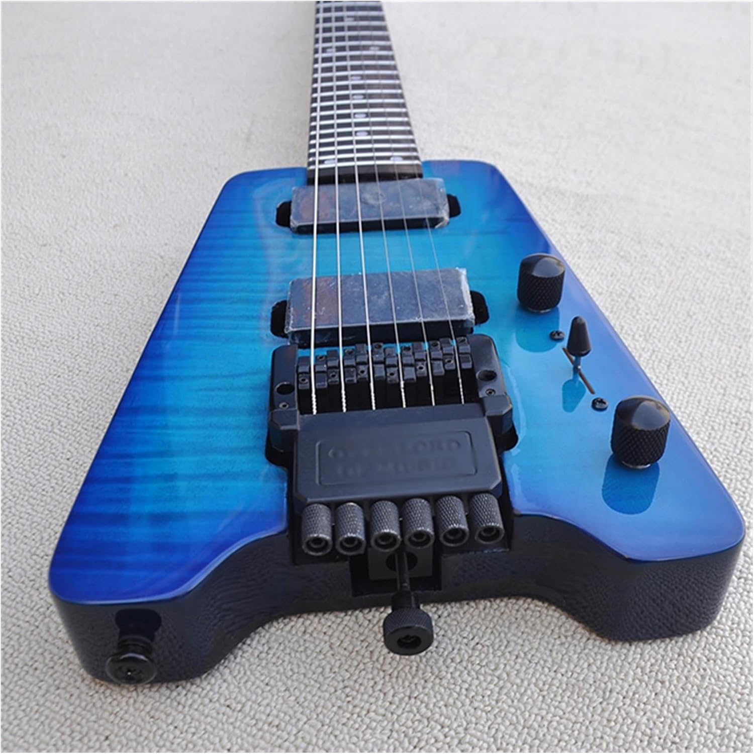 Headless Electric Guitar Blue Portable Travel Flame Maple Veneer Headless Electric Guitar with Rosewood Fretboard 24 Frets