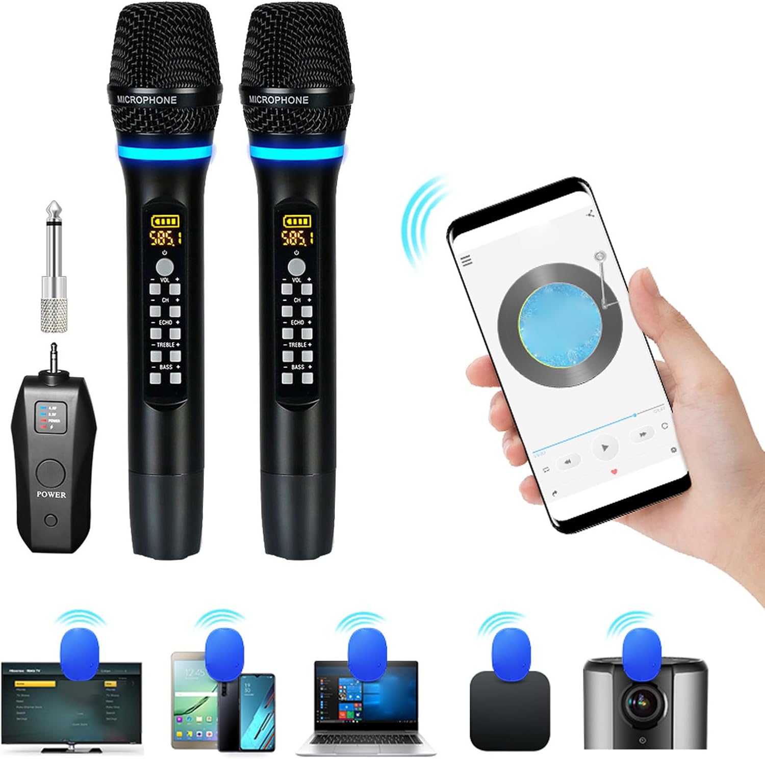 Yunir 2PCS Microphone, Bluetooth Dual Handheld Dynamic Mic System with Rechargeable Receiver, for Karaoke Speech Church Party Mixer