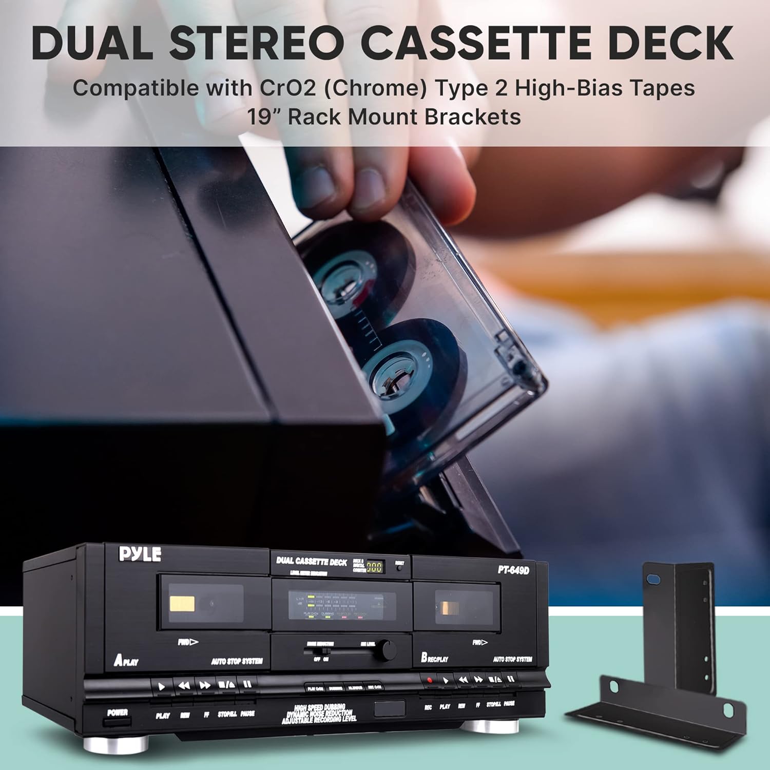 PyleUsa Dual Cassette Deck | Music Recording Device with RCA Cables | Removable Rack Mounting Hardware | CrO2 Tape Selector | Built-in 3 Digit Tape Counter - 110V/220V