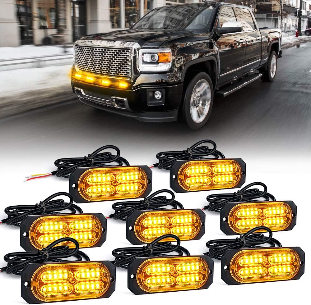 Xprite Amber 20 LED Surface Flush Mount Grille Emergency Strobe Lights Kit Ultra Slim Deck Dash Grill Side Marker Warning Hazard Caution Flashing Light for Vehicles Van Cars SUV ATV Truck Pickup 8PCS