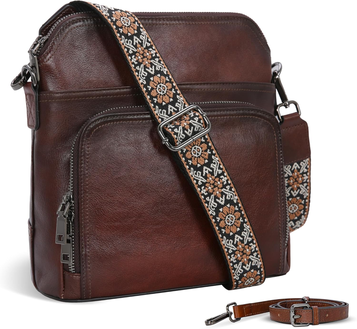 Iswee Leather Crossbody Bags for Women Multi Pockets Medium Shoulder Bag Lightweight Functional Travel Purse