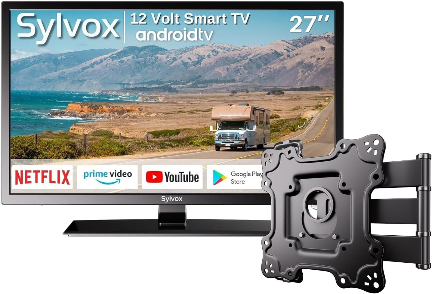 SYLVOX 27'' RV Smart TV with DVD Player + Corner Wall Mount, 12V/AC HDTV for Campers & Travel, Swivel & Tilt Bracket