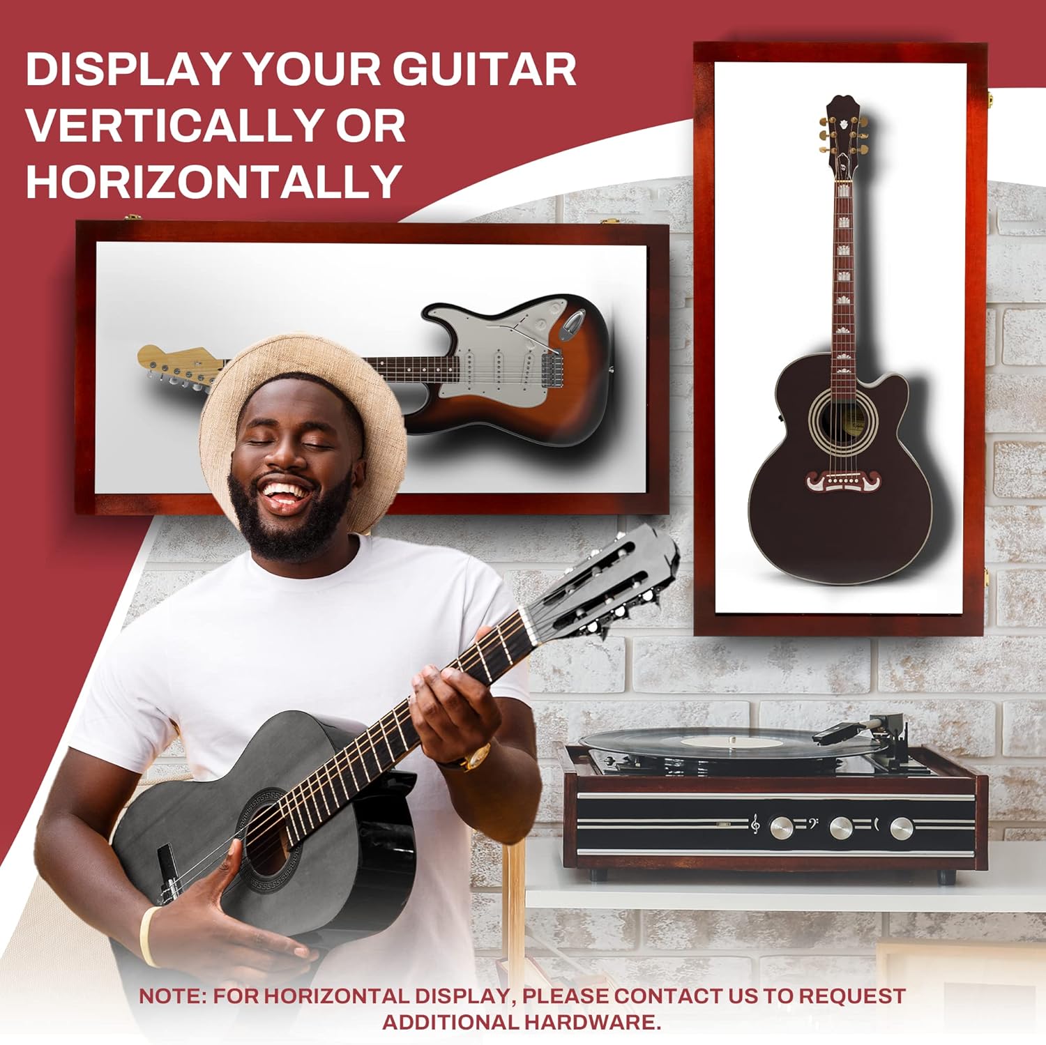 PENNZONI Extra Large Acoustic Guitar Display Case - Wall Mount Display Case for Acoustic/Electric Guitars - Ultra Clear Acoustic Guitar Solid Wood Frame Display Case | Cherry, White Felt