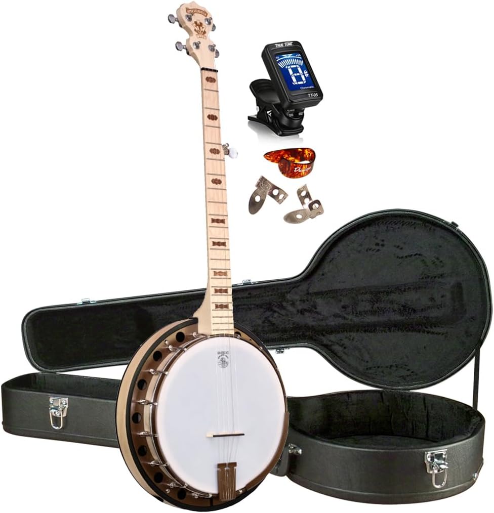 Deering Goodtime Two (2) LEFT HANDED 5-String Maple Resonator Bluegrass Banjo Bronze Powercoat Hardware, Art Deco Inlay with Instrument Alley Hard Case, Tuner, Picks, Bundle