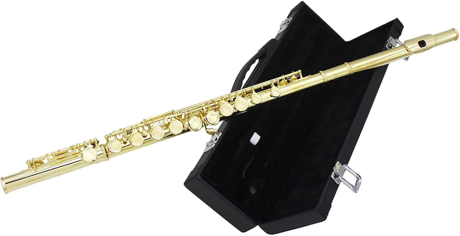 Flute Golden 16 Holes C Tone Flute with E Key Woodwind Instrument Closed Hole Gold-Plated Keys Cupronickel Tube Flutes Musical Instruments