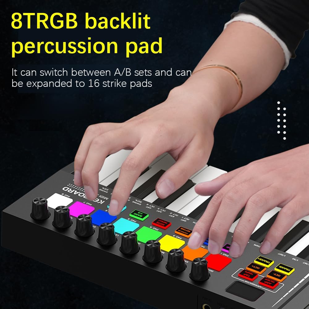 25 Key MIDI Keyboard Midi Controller Beat Maker Professional Electronic Audio Intelligent Portable Arranging Strike Pad Keyboard Piano Lightweight USB 5V/1A Type-C