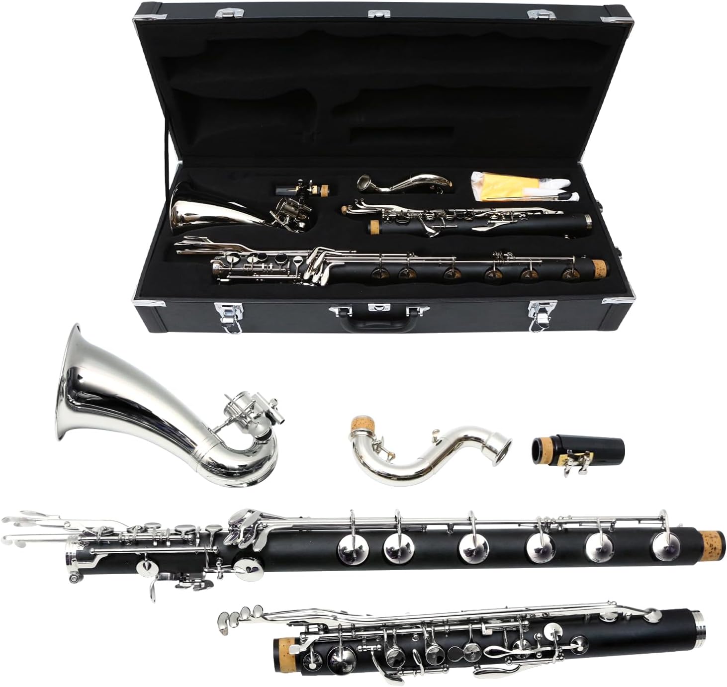 Professional Bass Clarinet Low C Bb Key Clarinet with Case Nickel Plated keys Advance Easy blowing (Low C)