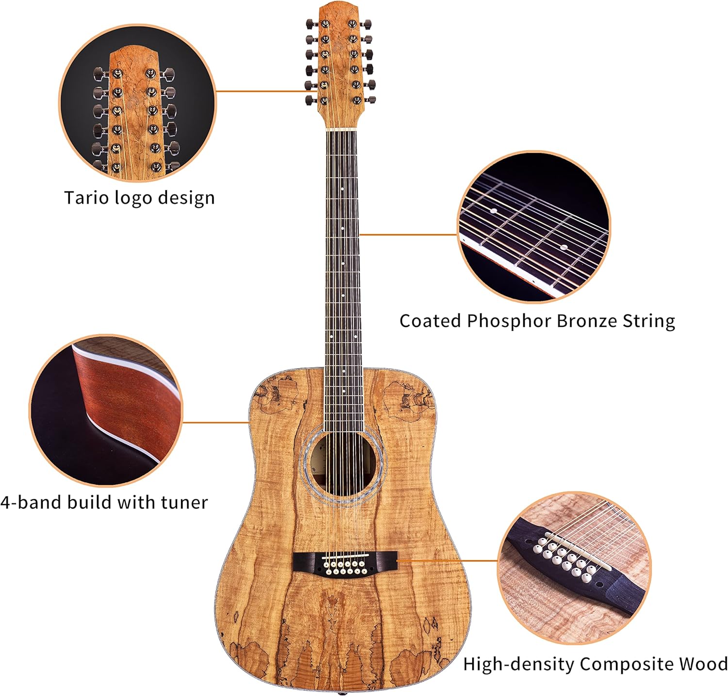 TARIO 12 Strings Acoustic Guitar Spalted maple Top Mahogany back & sides Okoume Neck