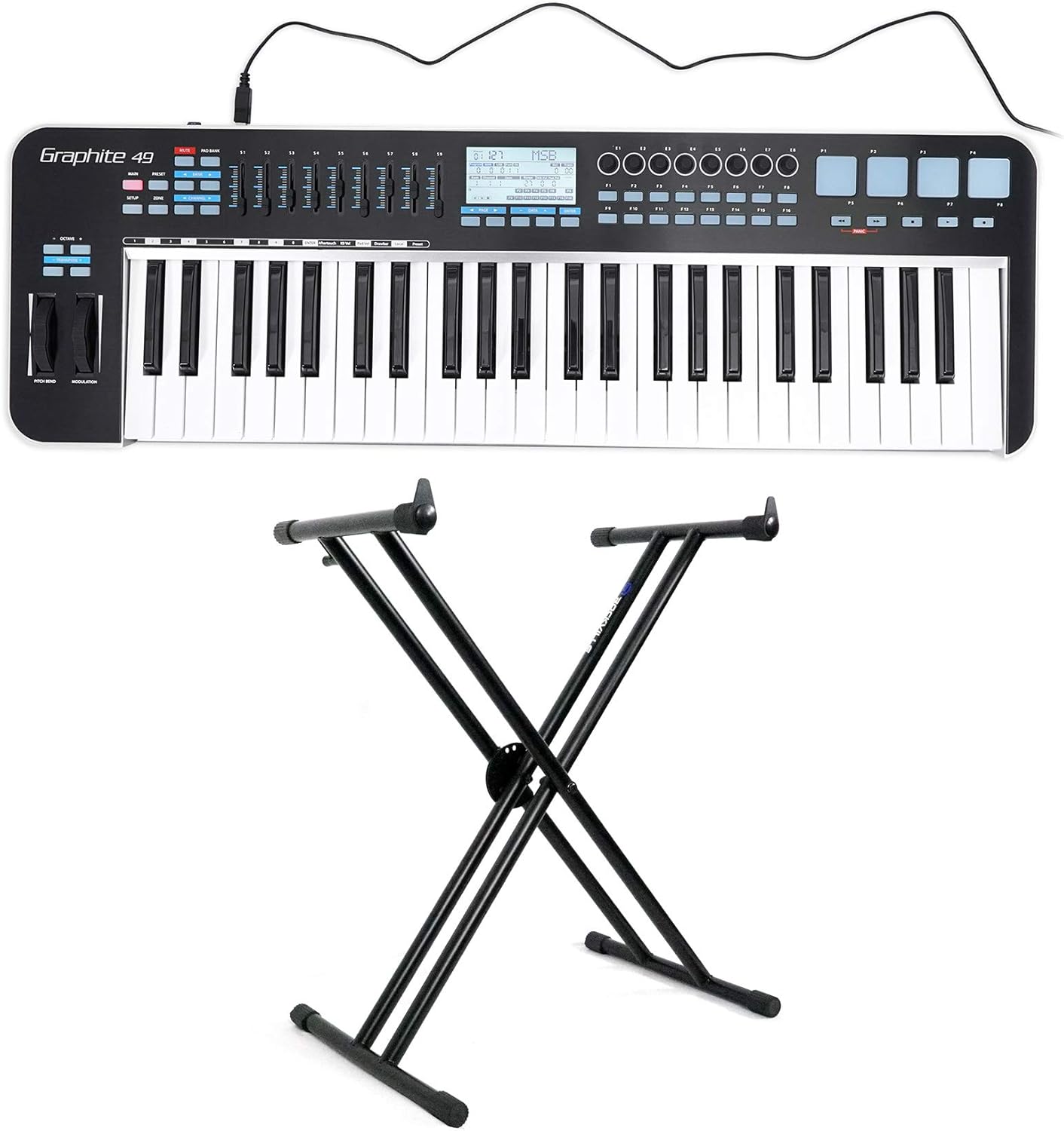 Samson Graphite 49 Key USB MIDI DJ Keyboard Controller w/Aftertouch/Fader/Pads Bundle with RockvilIe RKS30X Double X Braced Keyboard Stand w Push Button Lock Mechanism!