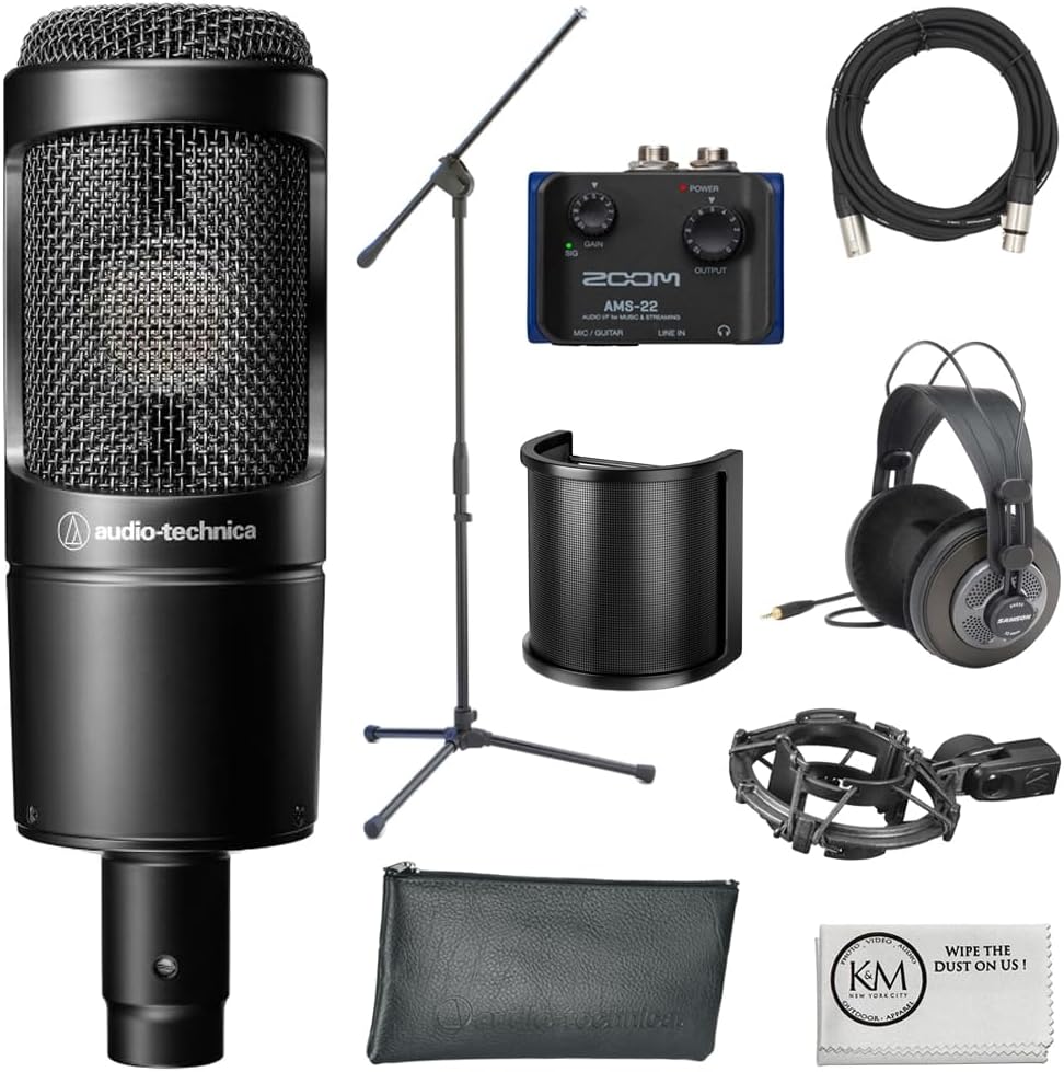 Audio-Technica AT2035 Cardioid Condenser Microphone Bundle with Audio Interface + Studio Headphones + Microphone Stand + Pop Filter + XLR Cable + Cleaning Cloth (7 Items)