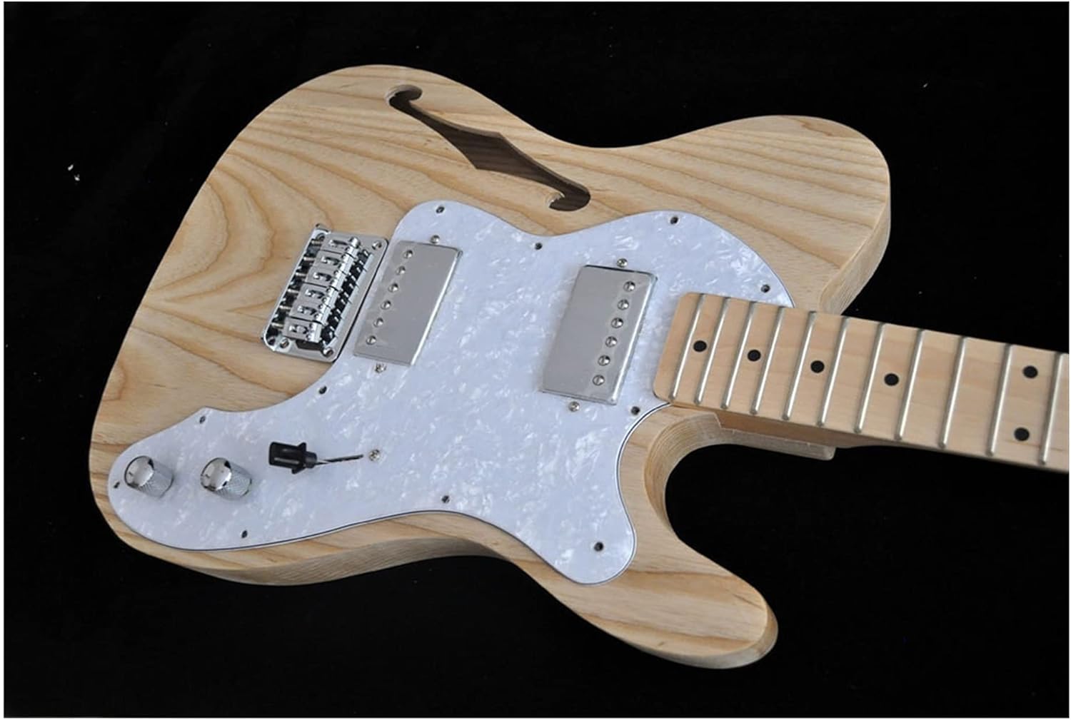 Unfinished Guitar Body DIY Electric Guitar Kit Vintage Thinline Guitar Semi-Hollow Ash Body with F Holes Maple Neck 21 FretsTruss Rod Adjust Guitar DIY Accessory