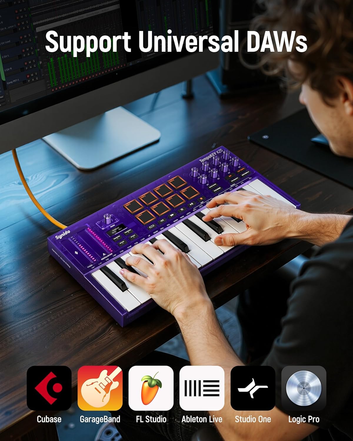 Synido 25 Key USB MIDI Keyboard Controller with Drum Pads, Professional Mini Midi Keyboard with OLED Screen, Beat Maker Machine for Music Production, Purple, TempoKEY K25
