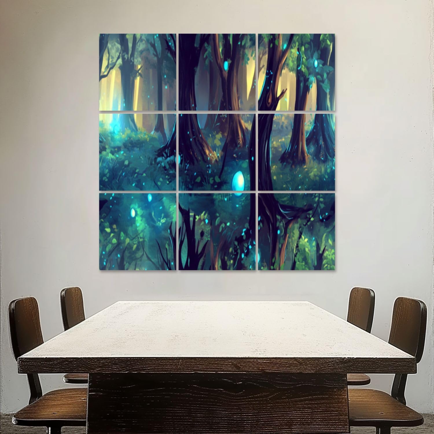 Art Acoustic Panels Self Adhesive Mystical Forest Art Print Deep Greens Rustic Browns Blues 9 Packs Decorative Soundproof Wall Panels Large Sound Absorbing Panels for Home Office 60