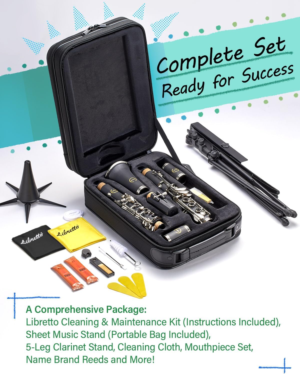 Libretto Bb Clarinet Set for Beginner and Intermediate Players, Name-Brand Mouthpiece & Reeds, Music Stand, Cleaning Kit, Instructions, Backpack Case, 5-Leg Stand, Educator-Recommended