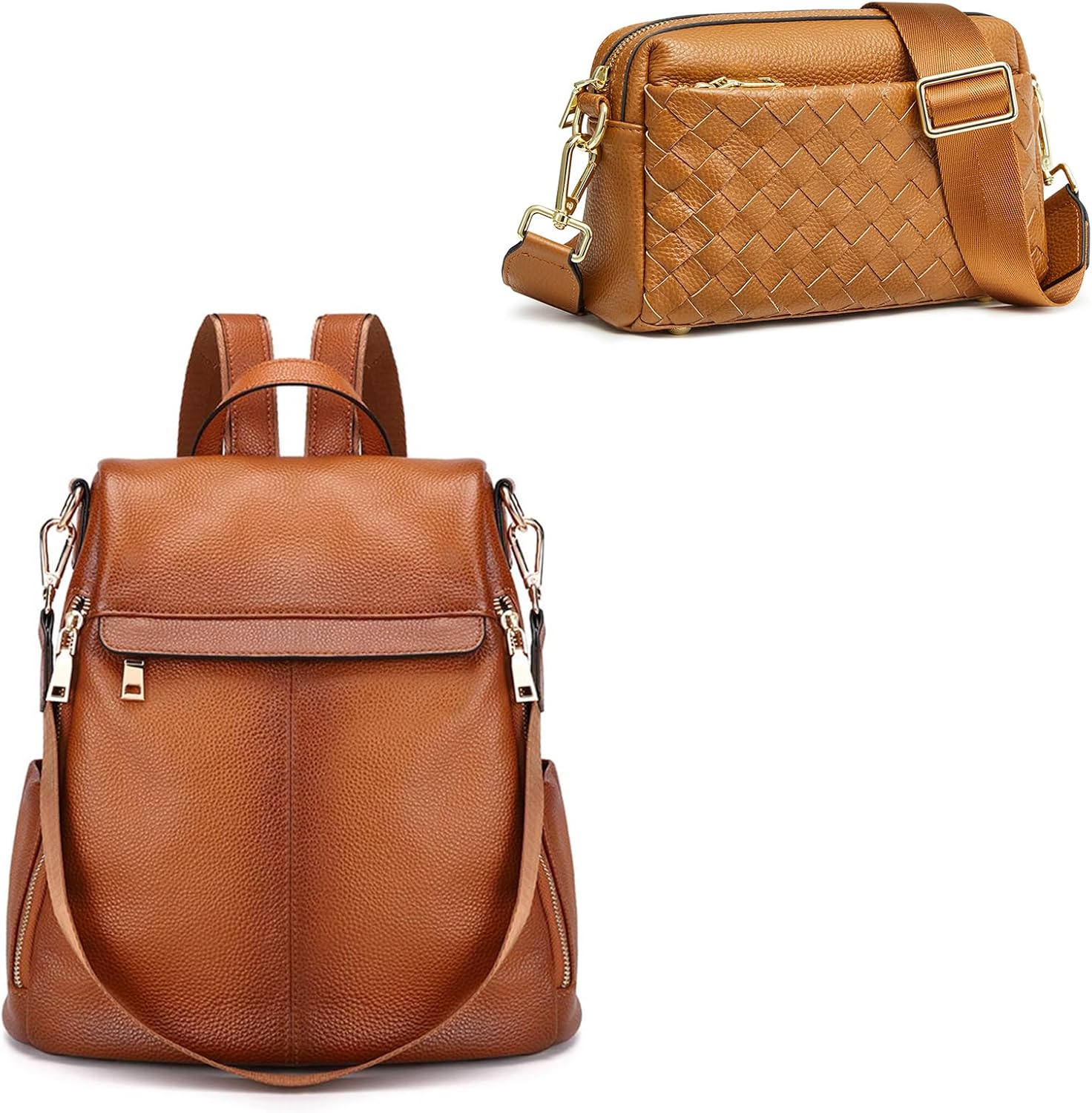 Kattee Genuine Leather Backpack Purse Bundle with Women Small Woven Crossbody Bags
