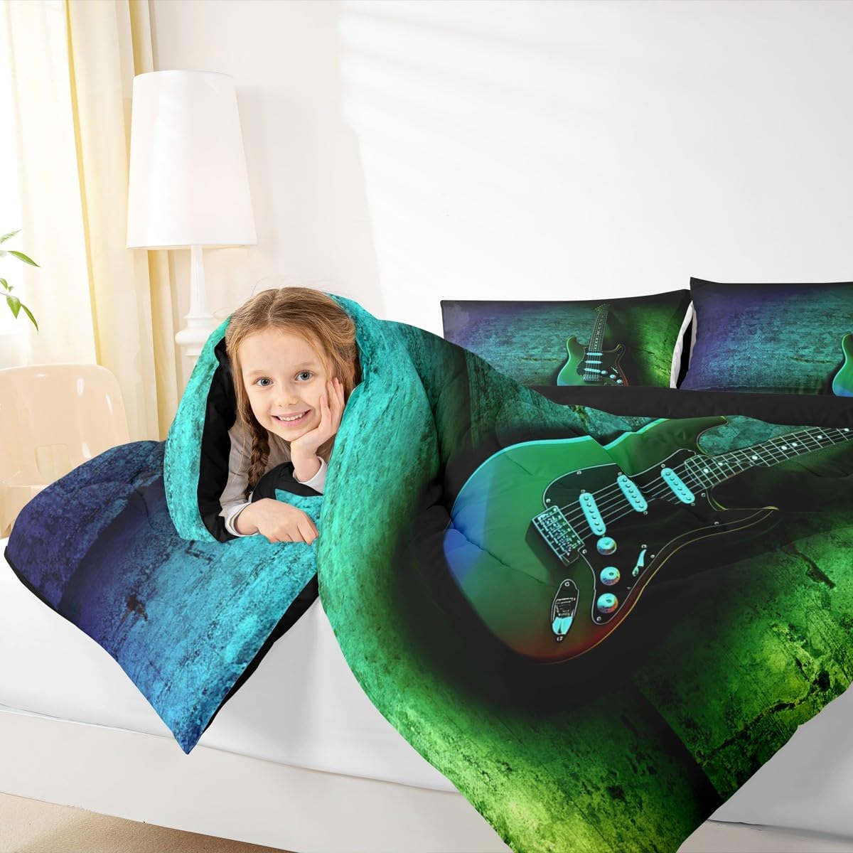 Castle Fairy Guitar Bass Comforter Sets for Kids Adults,Rock Music Instrument 3D Pattern Bedding Sets,Modern Pop Music Comforter 3 Pcs with 2 Pillowcases,Neon Blue Green Duvet Insert,King Size