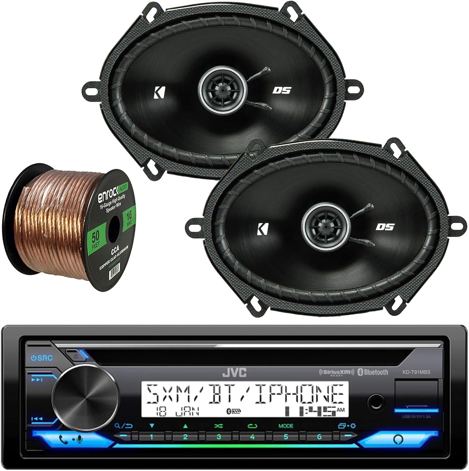 JVC KD-T91MBS Marine Boat Yacht Radio Stereo USB AUX CD Player Receiver Bundle Combo with 2X Kicker 6x8 Inch 200 Watt Car Coaxial 2-Way Audio Speakers + Enrock 50 Foot 16-Gauge Speaker Wire