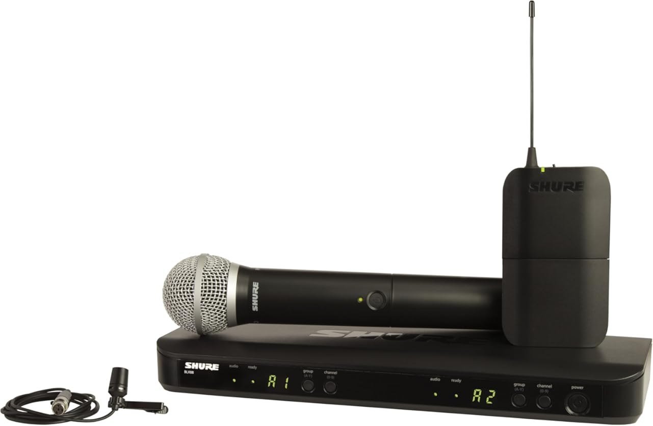 Shure BLX1288/CVL Wireless Microphone System - 14-Hour Battery Life, 300 ft Range, UHF | Includes Handheld & Lavalier Mics, Dual Channel Receiver | H10 Band (BLX1288/CVL-H10)