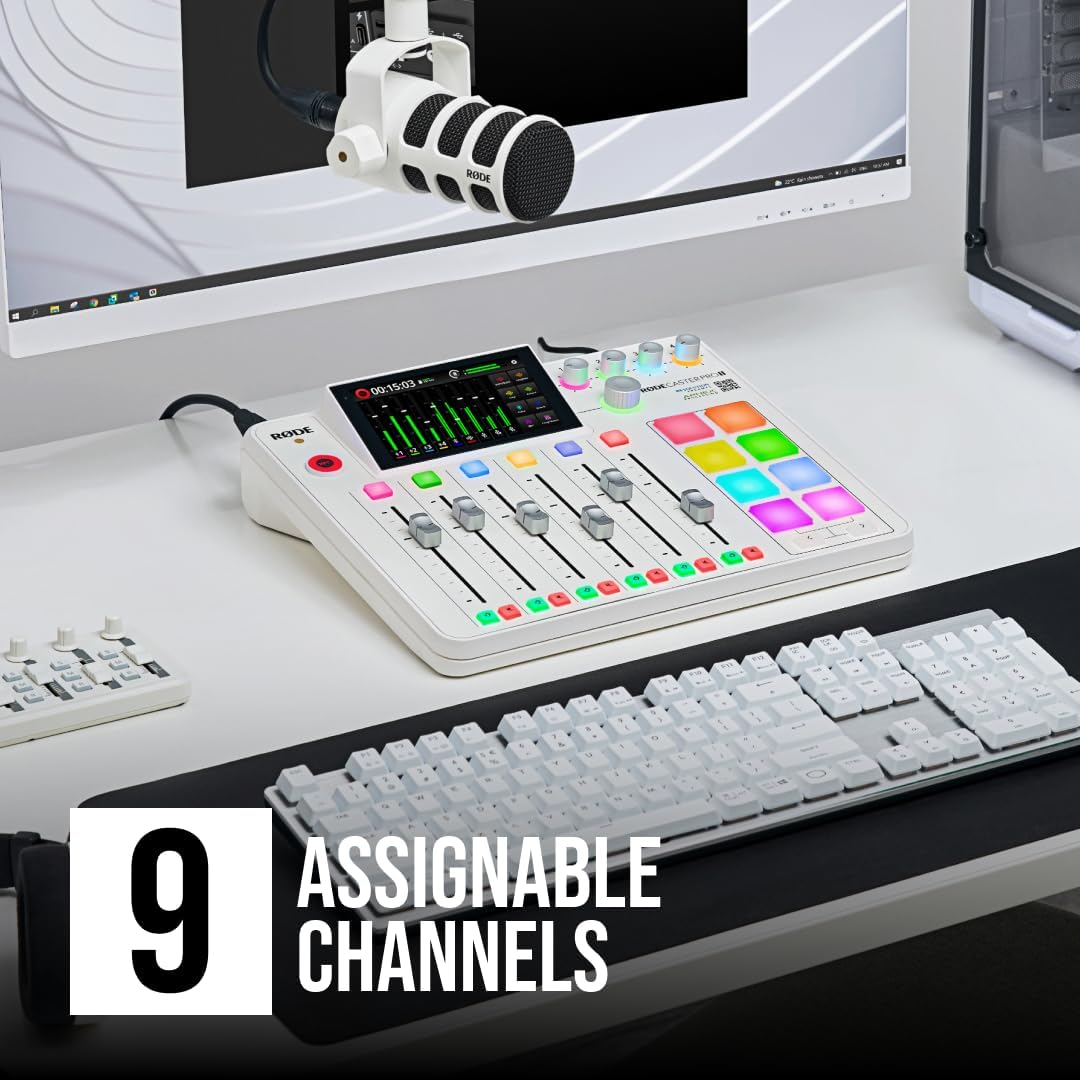 Rode RODECaster Pro II (White) Audio Production Console with 4x PodMic Microphones, PSA1+ Professional Boom Arms, Over-Ear Headphones, 32GB microSD Card & XLR Cables