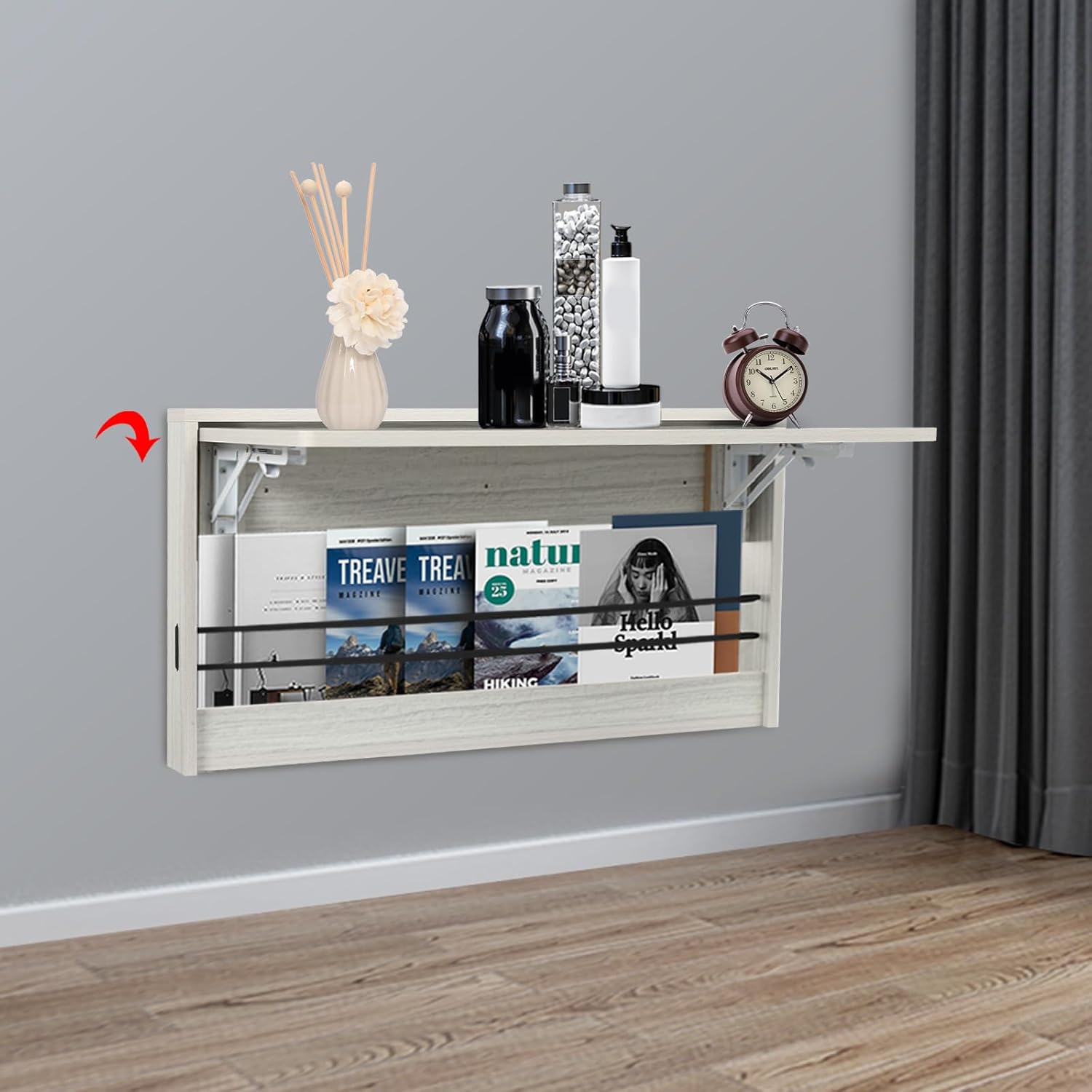 Wall Mounted Folding Table,39.4*16.3in Fold Down Study Writing Desk,Floating Wall Desk Fold Down for Small Spaces, Kitchen Storage Shelf for Home,Office,Study Room (31.5x16.3in-Rounded Corner)