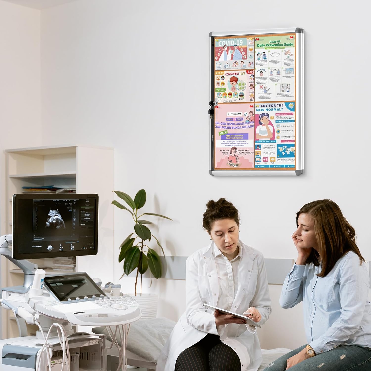 Enclosed Cork Bullletin Board 28x26 in, Tamperproof Display Case with Locking Door for Office School Home Store, Wall Mount, Silver Aluminum Frame (6xA4)