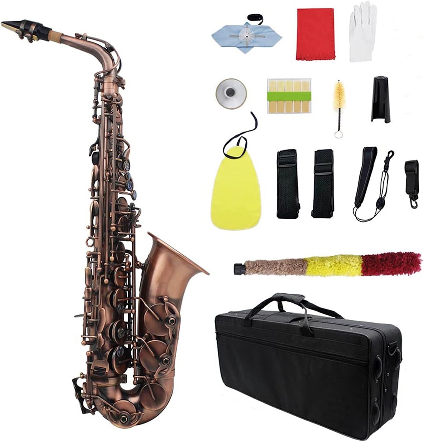 Saxophone Straight Retro Red Copper Alto EB Elbow Saxophone Pipe Body Carved Abalone Shell Button Key Type Woodwind Instrument
