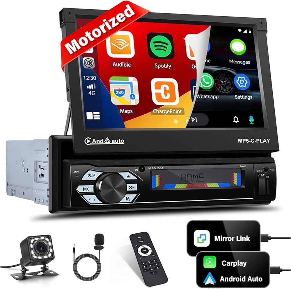 UNITOPSCI Single Din Touch Screen Car Stereo with Apple CarPlay Android Auto, 7 Inch Motorized Flip Out Bluetooth Car Radio FM AUX/USB/TF Card Input Mirror Link SWC with Backup Camera Remote Control