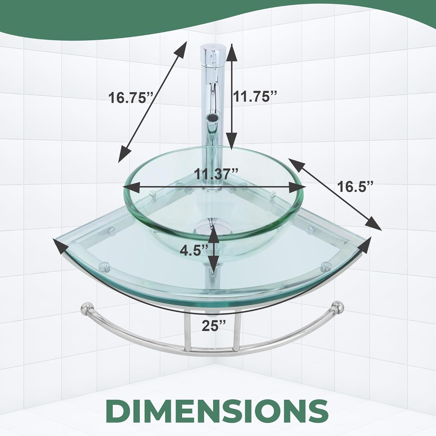 Renovators Supply Talula Corner Glass Wall Mounted Sink Round Shape Wall Hung Bathroom Vessel Sink Crystal Clear Tempered Glass Console With Chrome Faucet, Pop Up Sink Drain And Towel Bar Combo