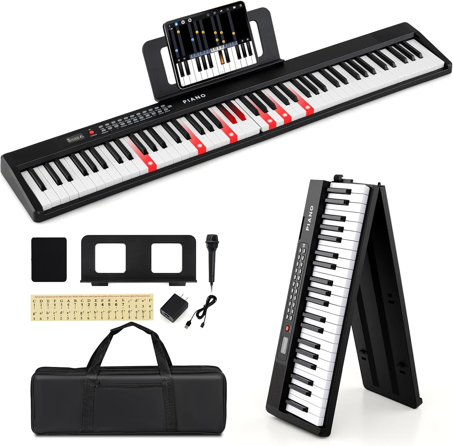 HONEY JOY 88 Key Keyboard Piano, Folding Full Size Semi-weighted Digital Piano w/ 1000 Timbres, 1000 Rhythms, MIDI USB, Sustain Pedal, Lights, Microphone, Portable Electric Piano for Beginners