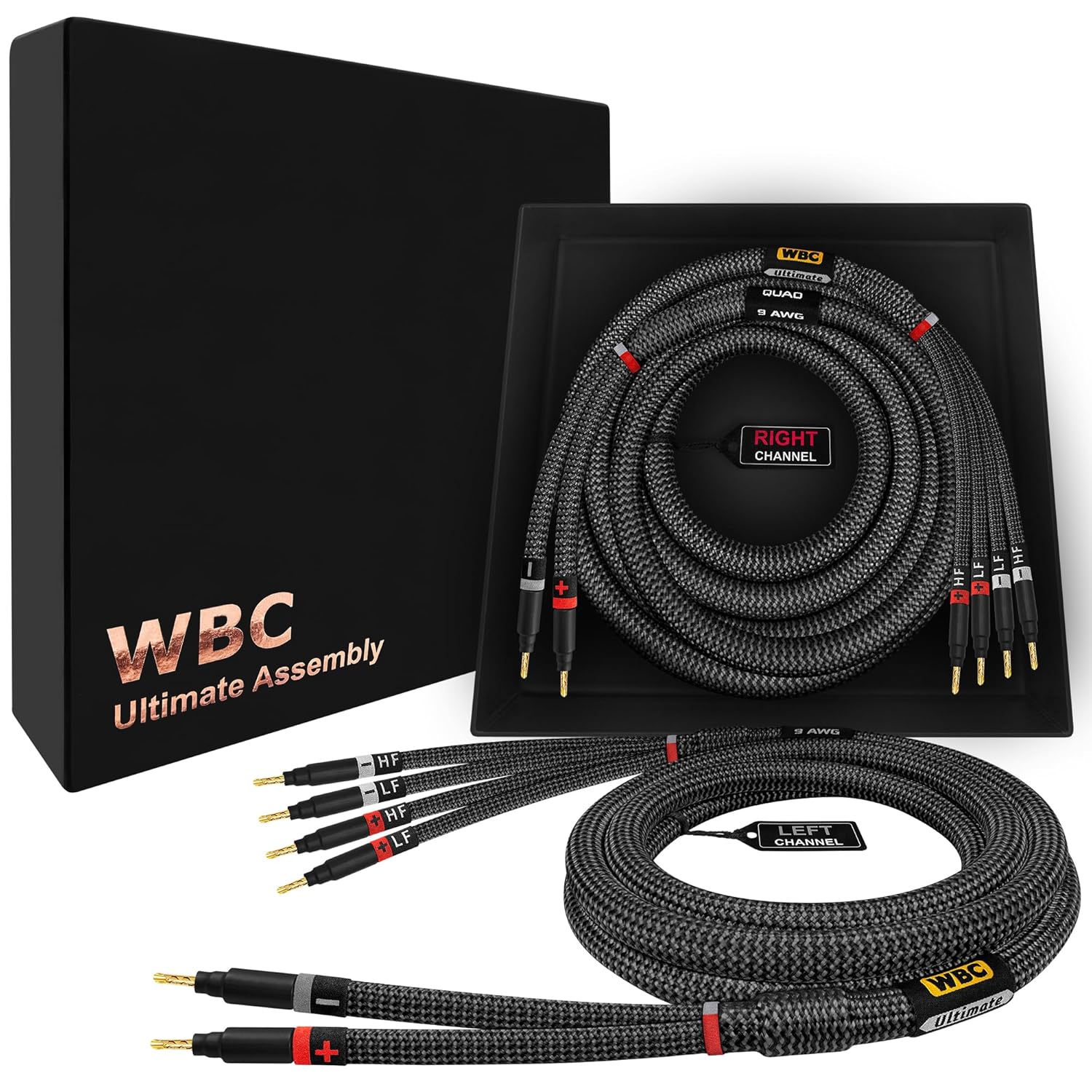 WORLDS BEST CABLES 8 Foot Ultimate - 9 AWG - Ultra-Pure OFC - Premium Audiophile HiFi Bi-Wire Speaker Cable Pair with Eminence Gold Banana Plugs & Carbon Tweed Jacket