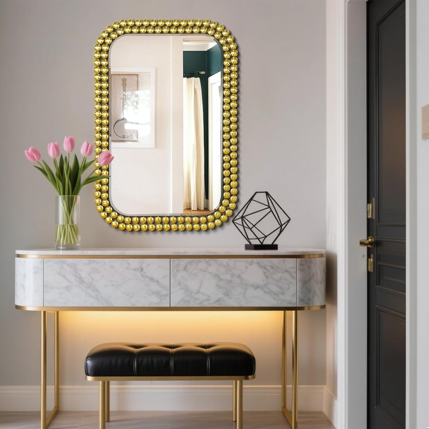 Wall Mount Bathroom Mirror Beaded Framed Baroque Decorative Vanity Mirror Rounded Corner Rectangle Mirror for Wall,Over Sink，Bedroom