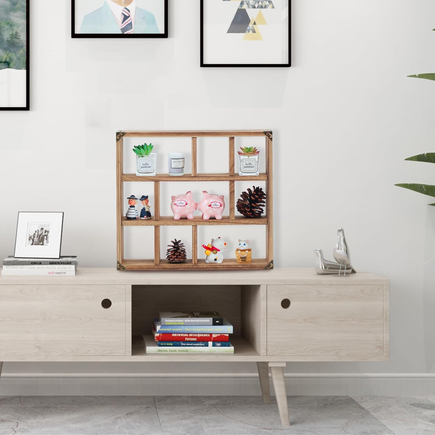 Generic FIRMINANA 17.7 Inch Solid Wood Display Shelf -Sef of 2- Shadow Box 9-Slot Wood Floating Shelves Larger Shelf Lightweight (Brown)